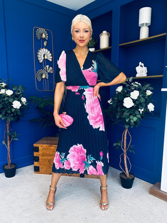 Saorlaith Pleated Midi Dress Floral Navy