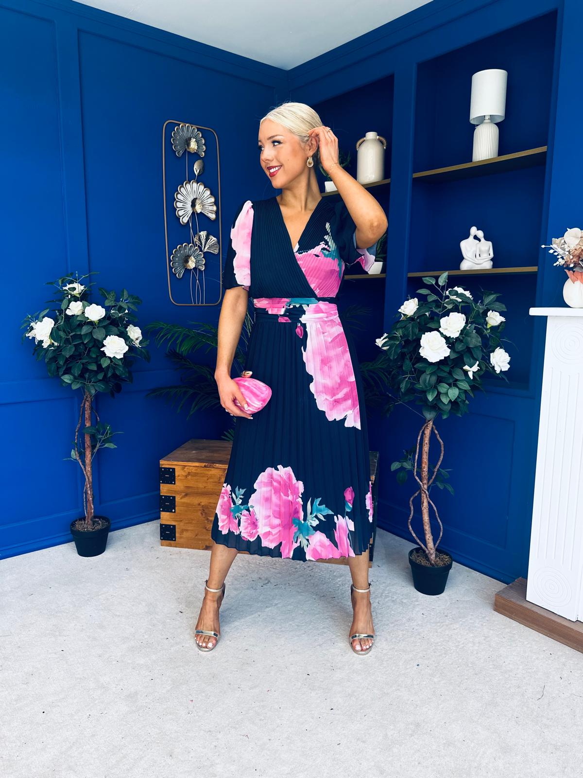 Saorlaith Pleated Midi Dress Floral Navy