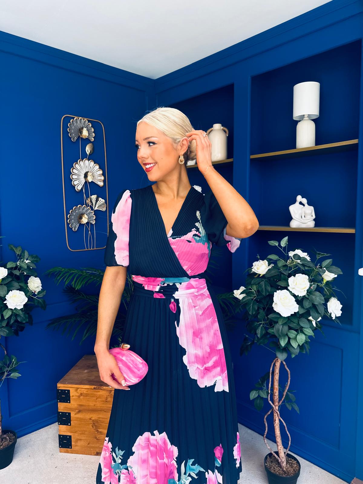 Saorlaith Pleated Midi Dress Floral Navy