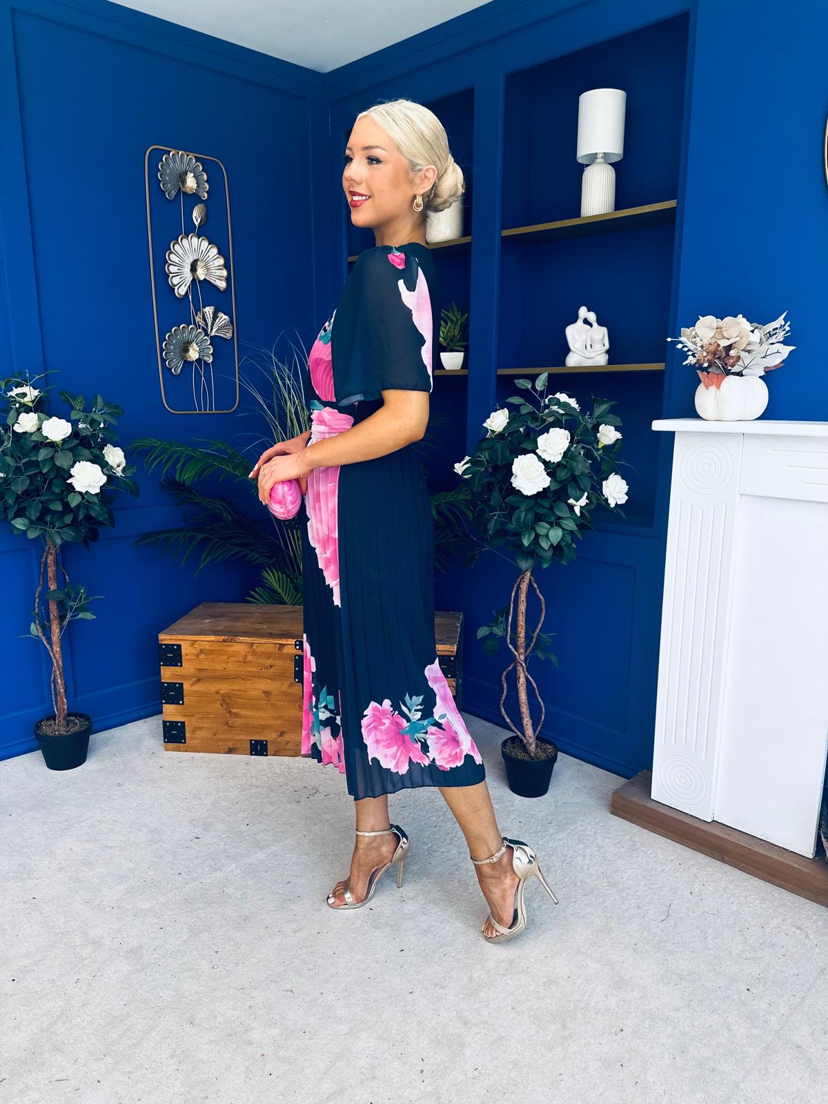 Saorlaith Pleated Midi Dress Floral Navy