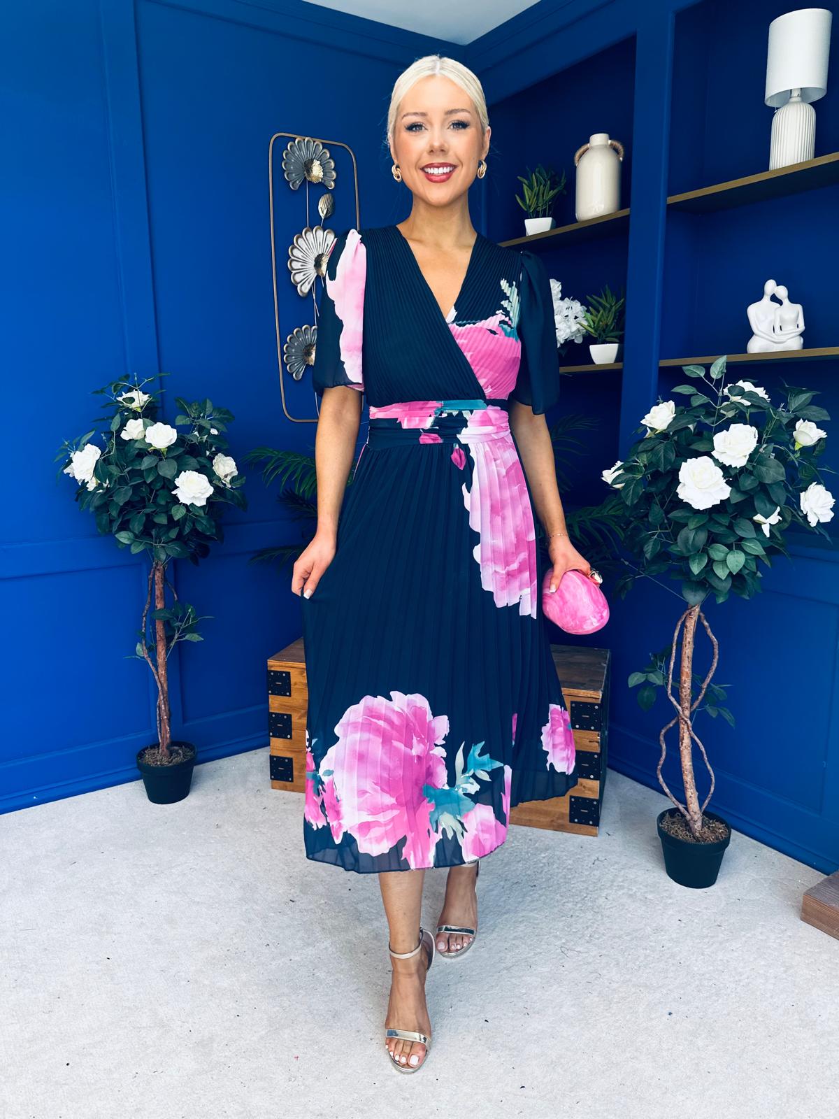 Saorlaith Pleated Midi Dress Floral Navy