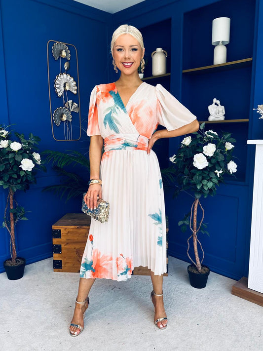 Saorlaith Pleated Midi Dress Floral Cream