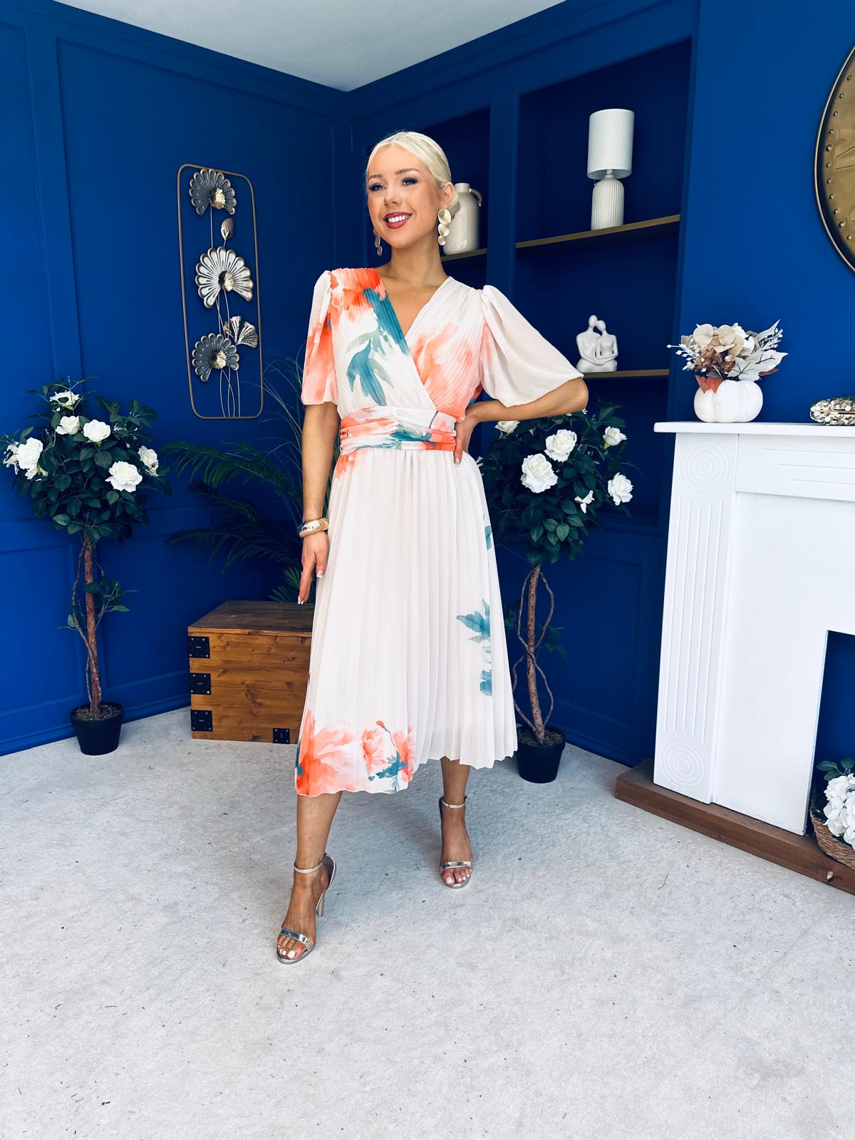 Saorlaith Pleated Midi Dress Floral Cream