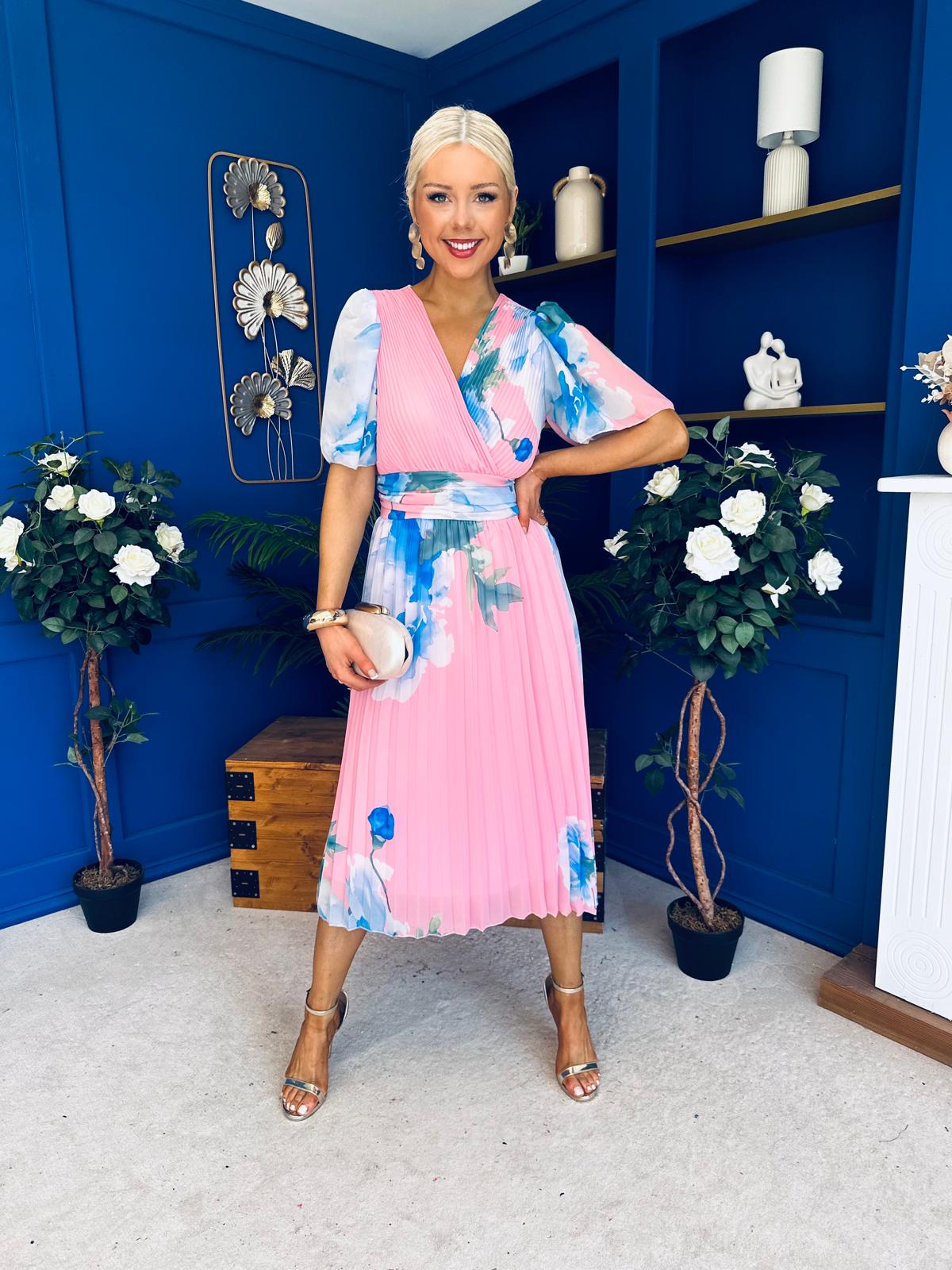 Saorlaith Pleated Midi Dress Floral Pink