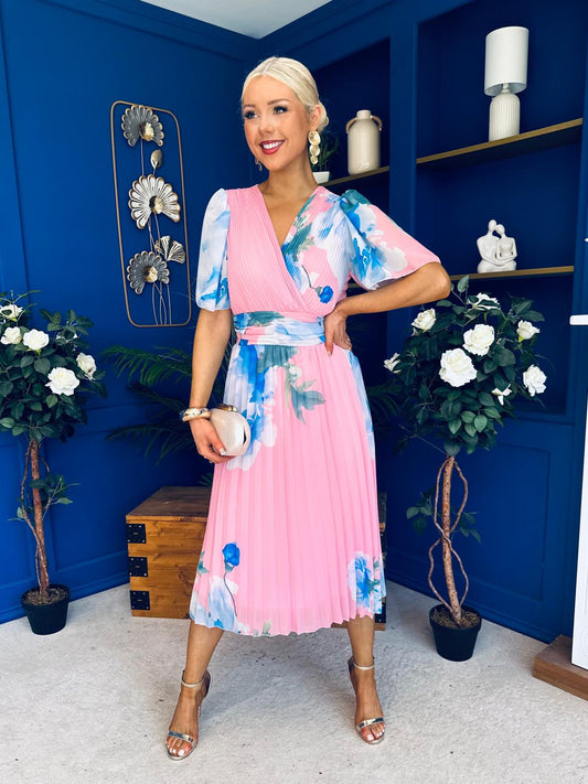 Saorlaith Pleated Midi Dress Floral Pink