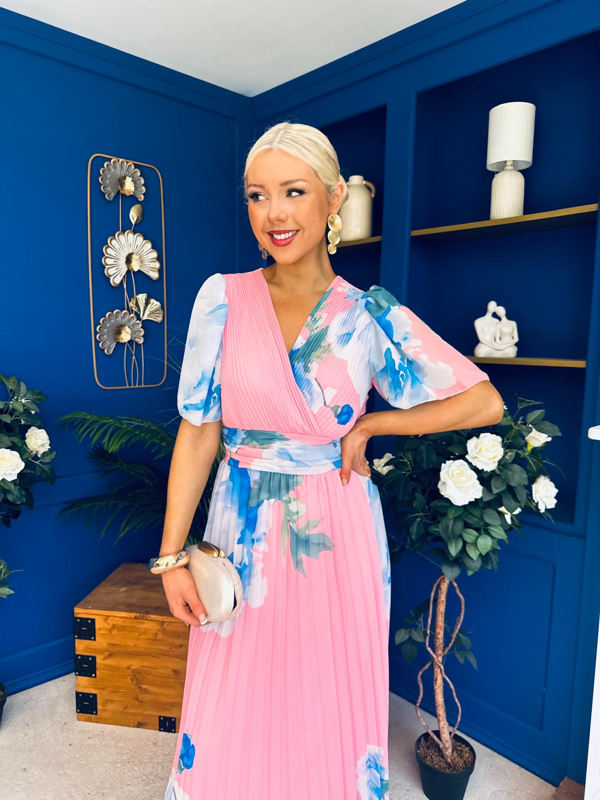 Saorlaith Pleated Midi Dress Floral Pink