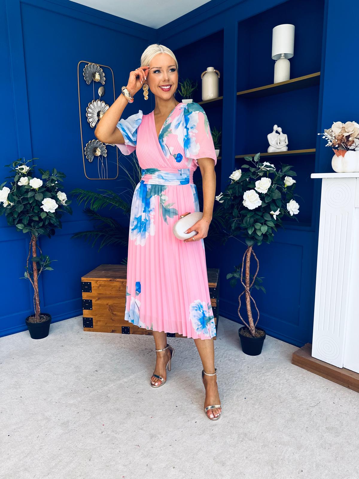 Saorlaith Pleated Midi Dress Floral Pink