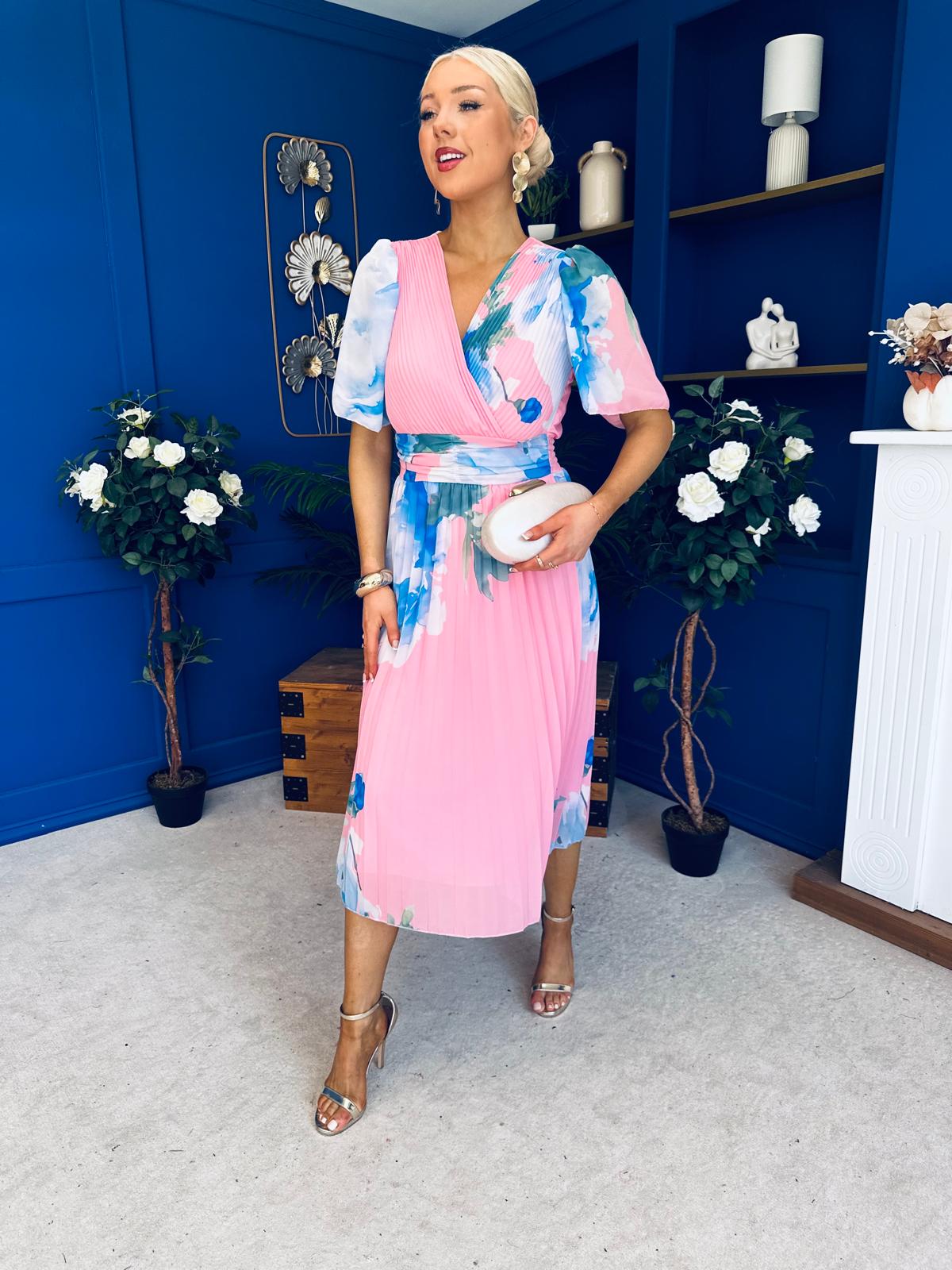 Saorlaith Pleated Midi Dress Floral Pink