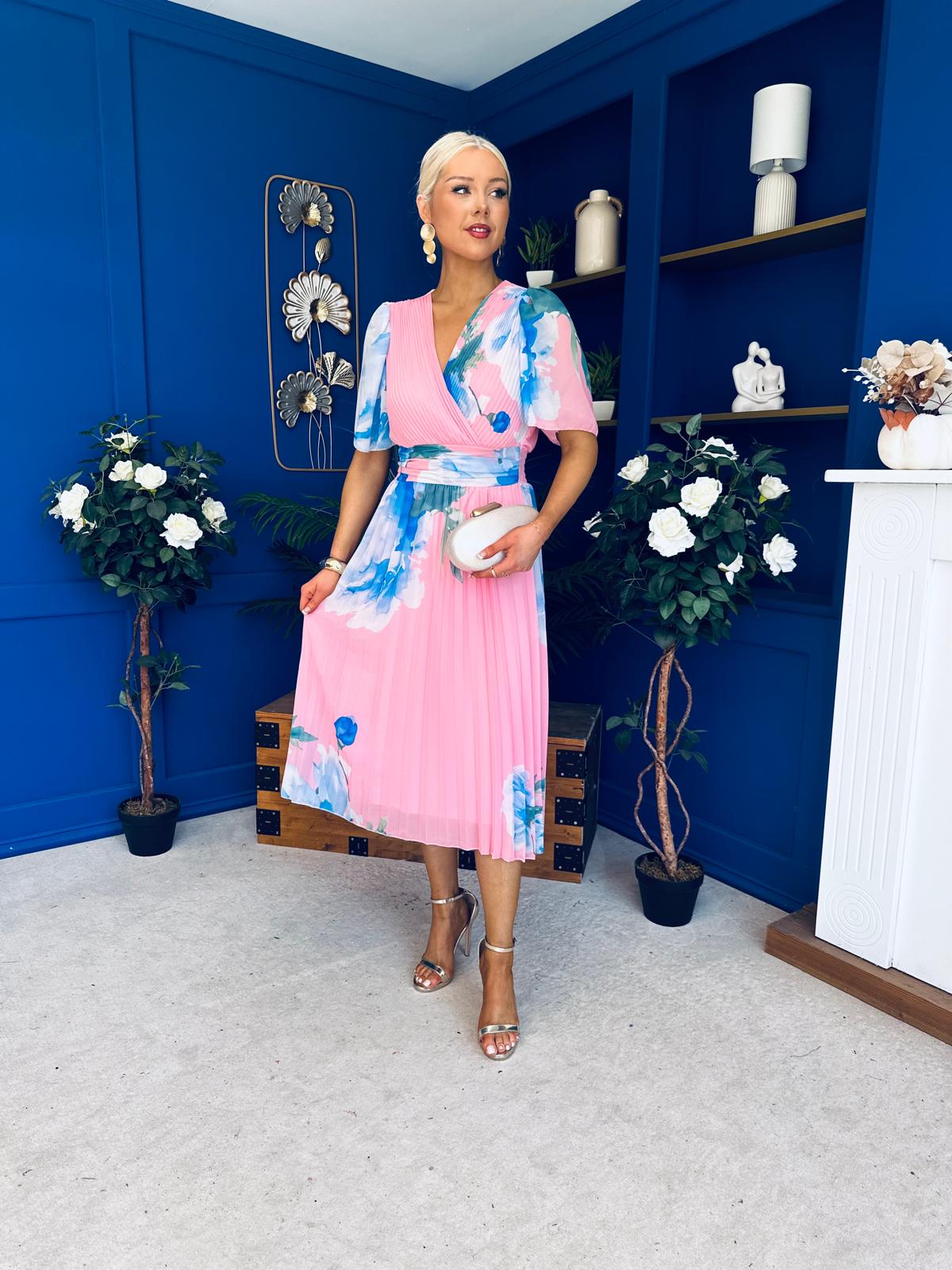 Saorlaith Pleated Midi Dress Floral Pink