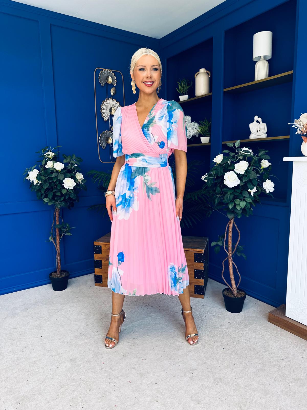 Saorlaith Pleated Midi Dress Floral Pink