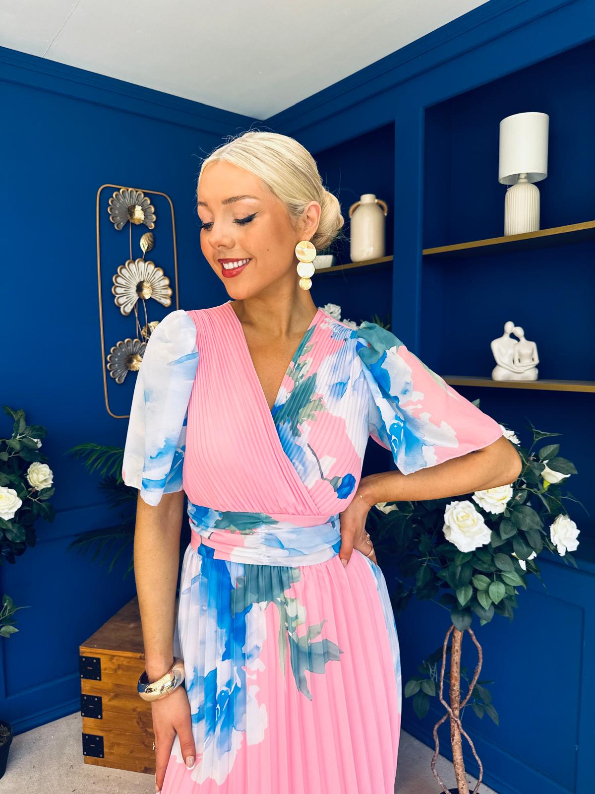 Saorlaith Pleated Midi Dress Floral Pink