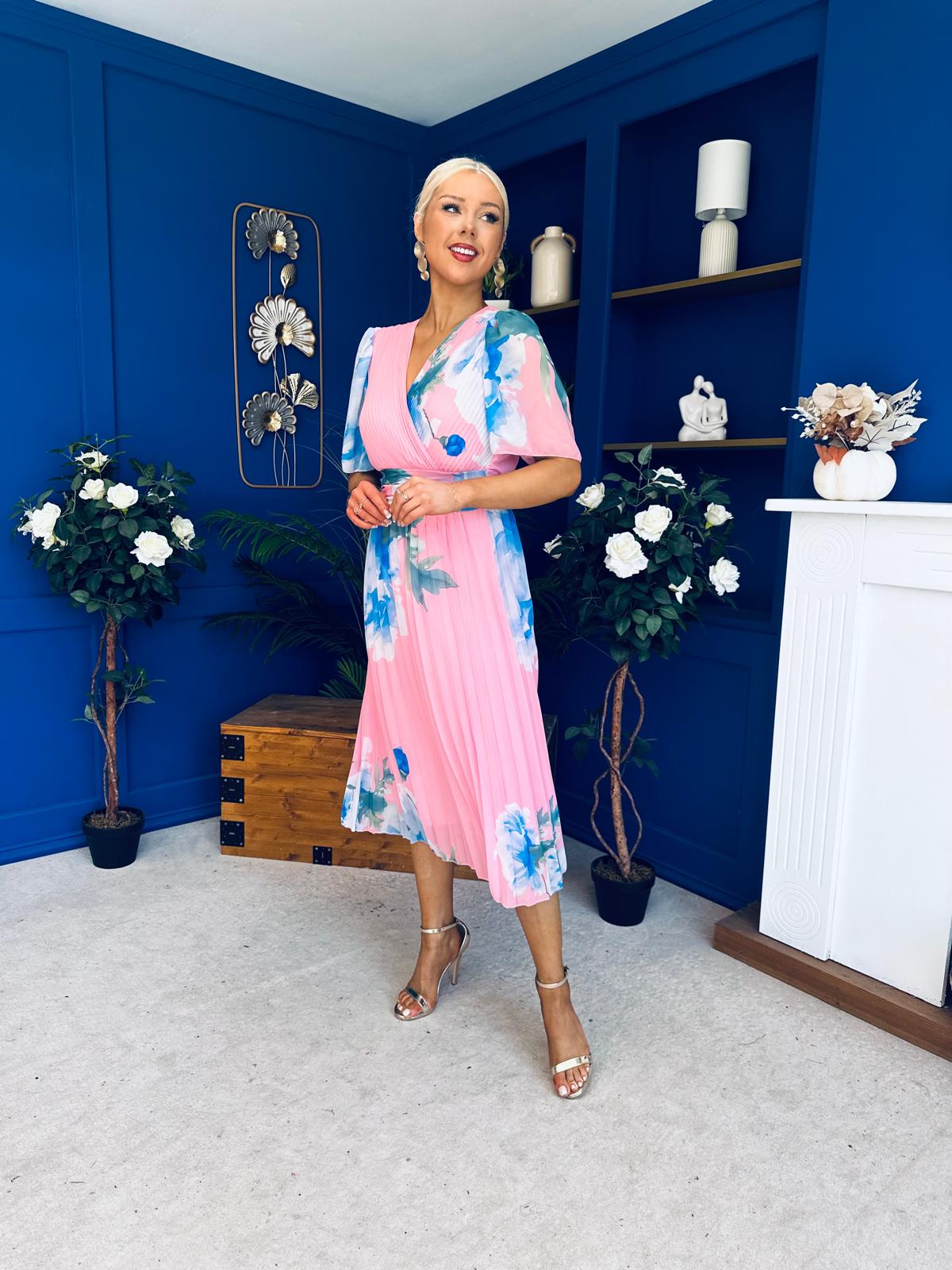 Saorlaith Pleated Midi Dress Floral Pink