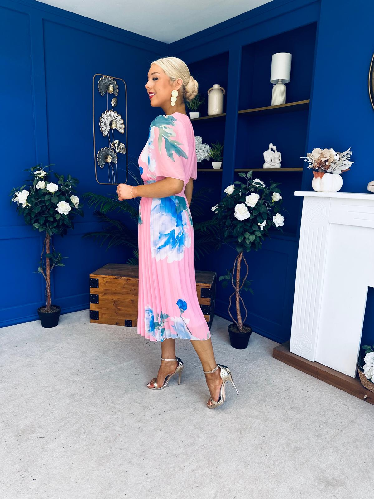 Saorlaith Pleated Midi Dress Floral Pink