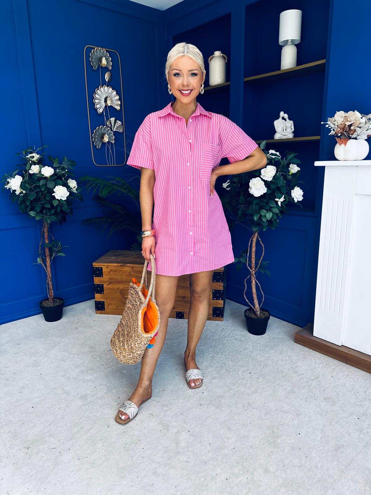 Lisa Pinstrip Mini Shirt Dress Dress Pink