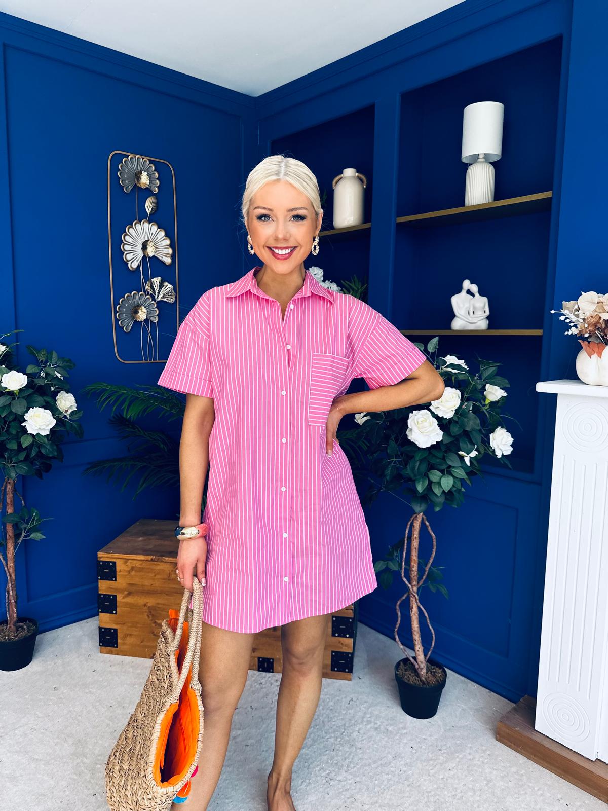 Lisa Pinstrip Mini Shirt Dress Dress Pink