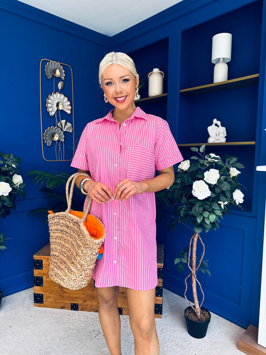 Lisa Pinstrip Mini Shirt Dress Dress Pink