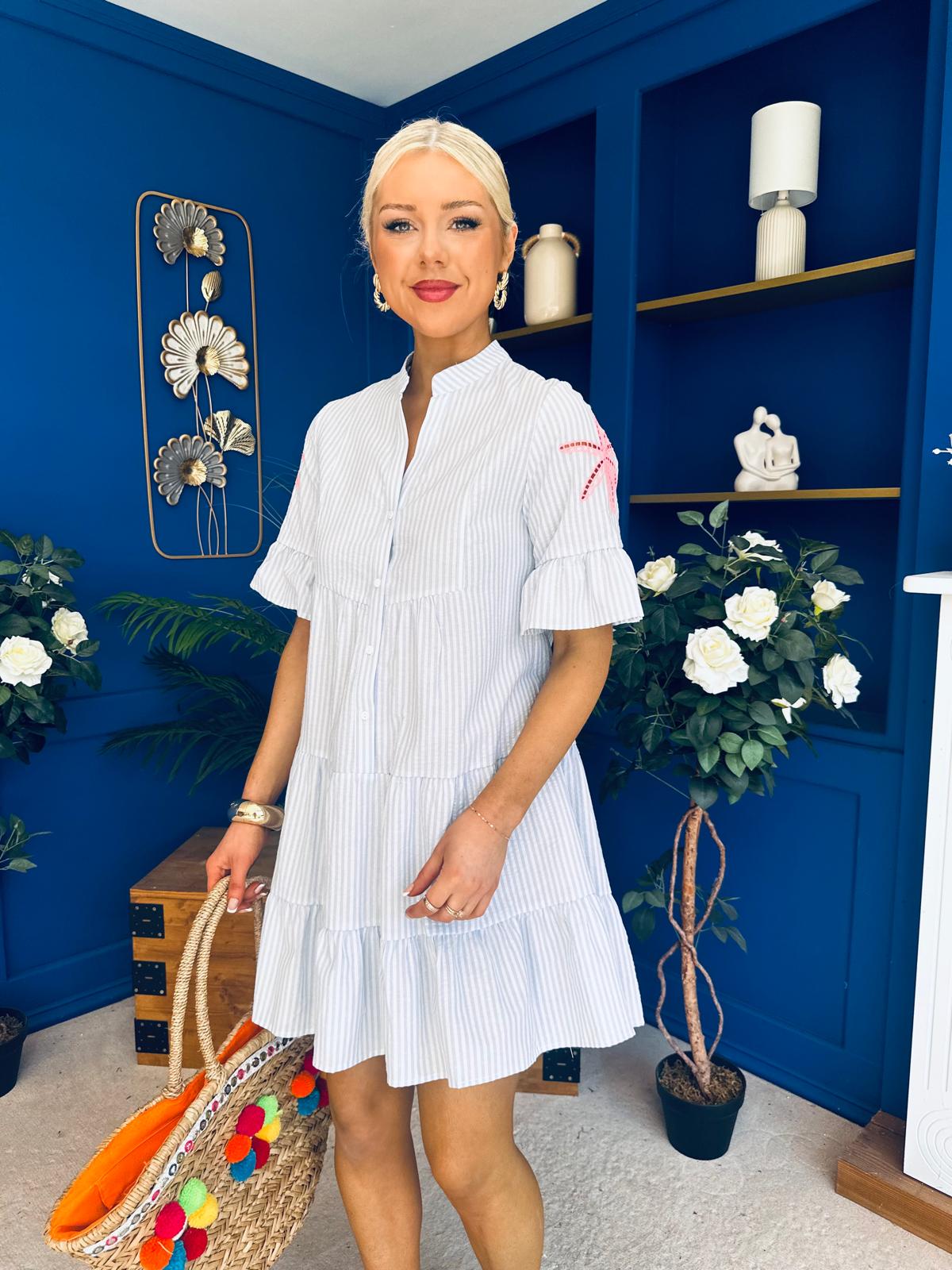 Cara Embroidered Mini Shift Dress Dress Blue – Canella Lane