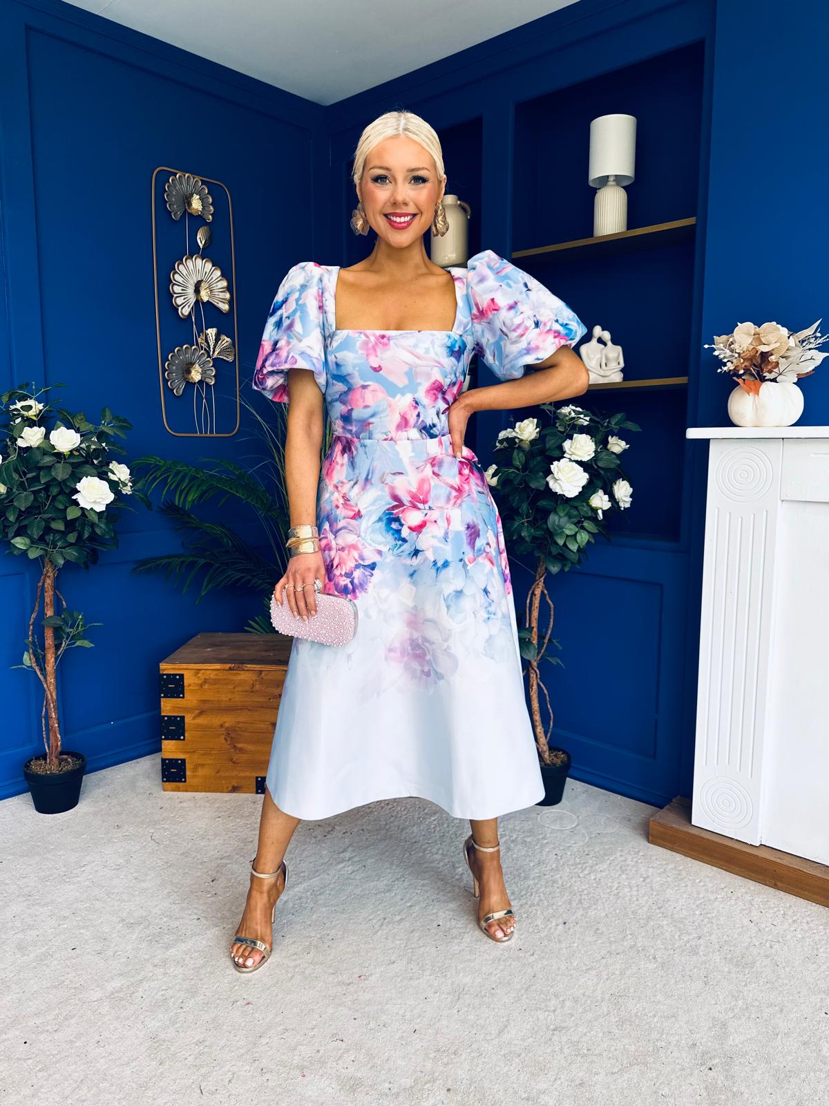 Tatum Square Neckline Skater Midi Floral Blue