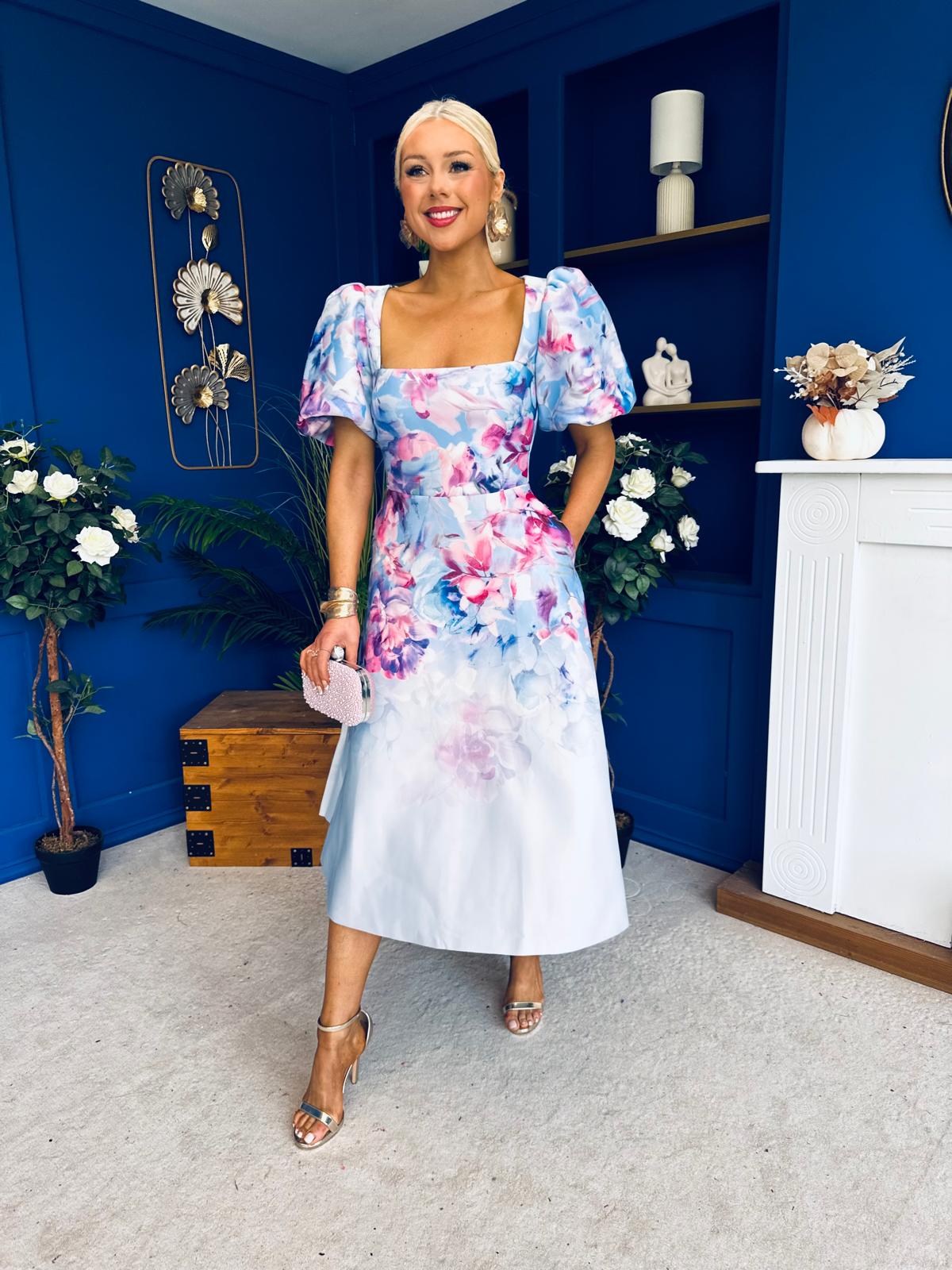 Tatum Square Neckline Skater Midi Floral Blue