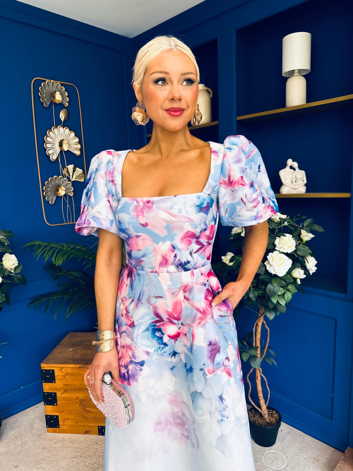 Tatum Square Neckline Skater Midi Floral Blue