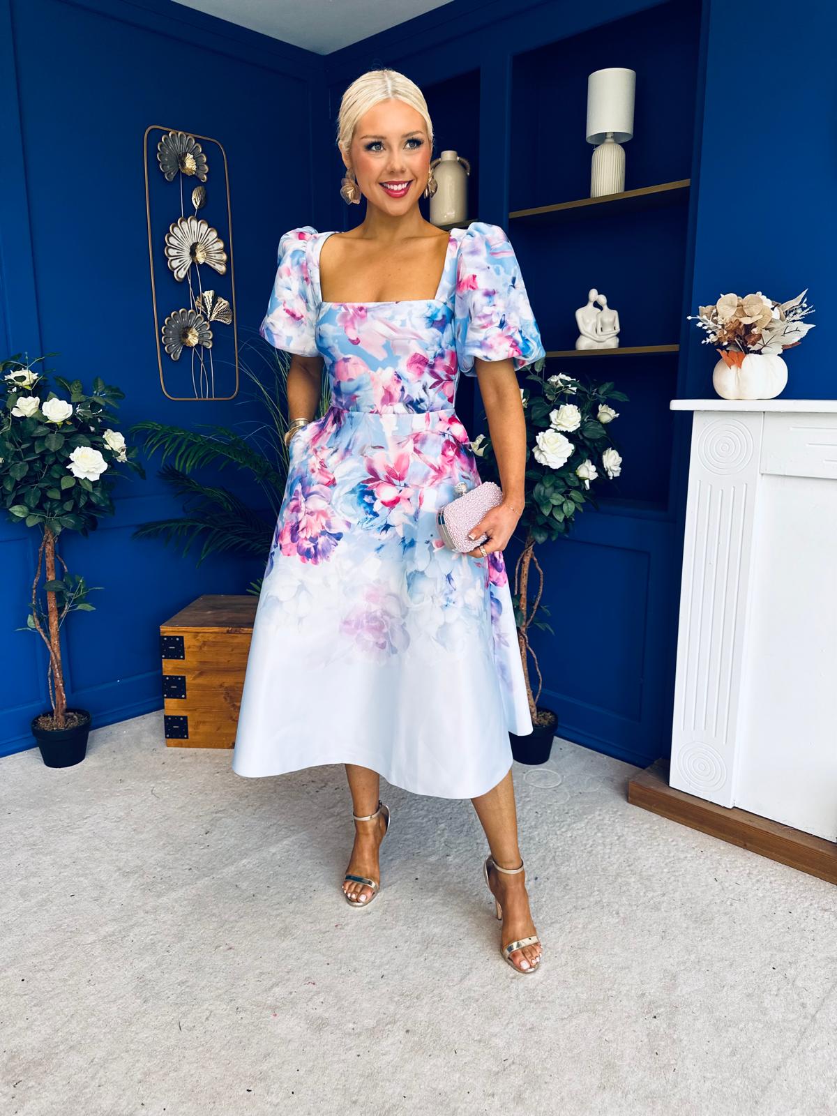 Tatum Square Neckline Skater Midi Floral Blue