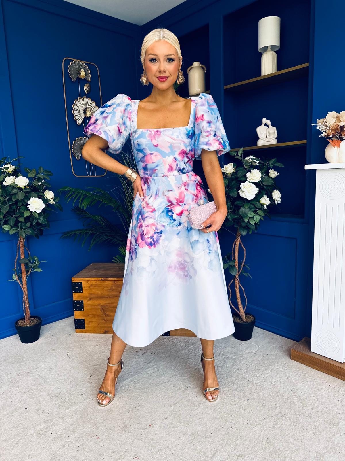 Tatum Square Neckline Skater Midi Floral Blue
