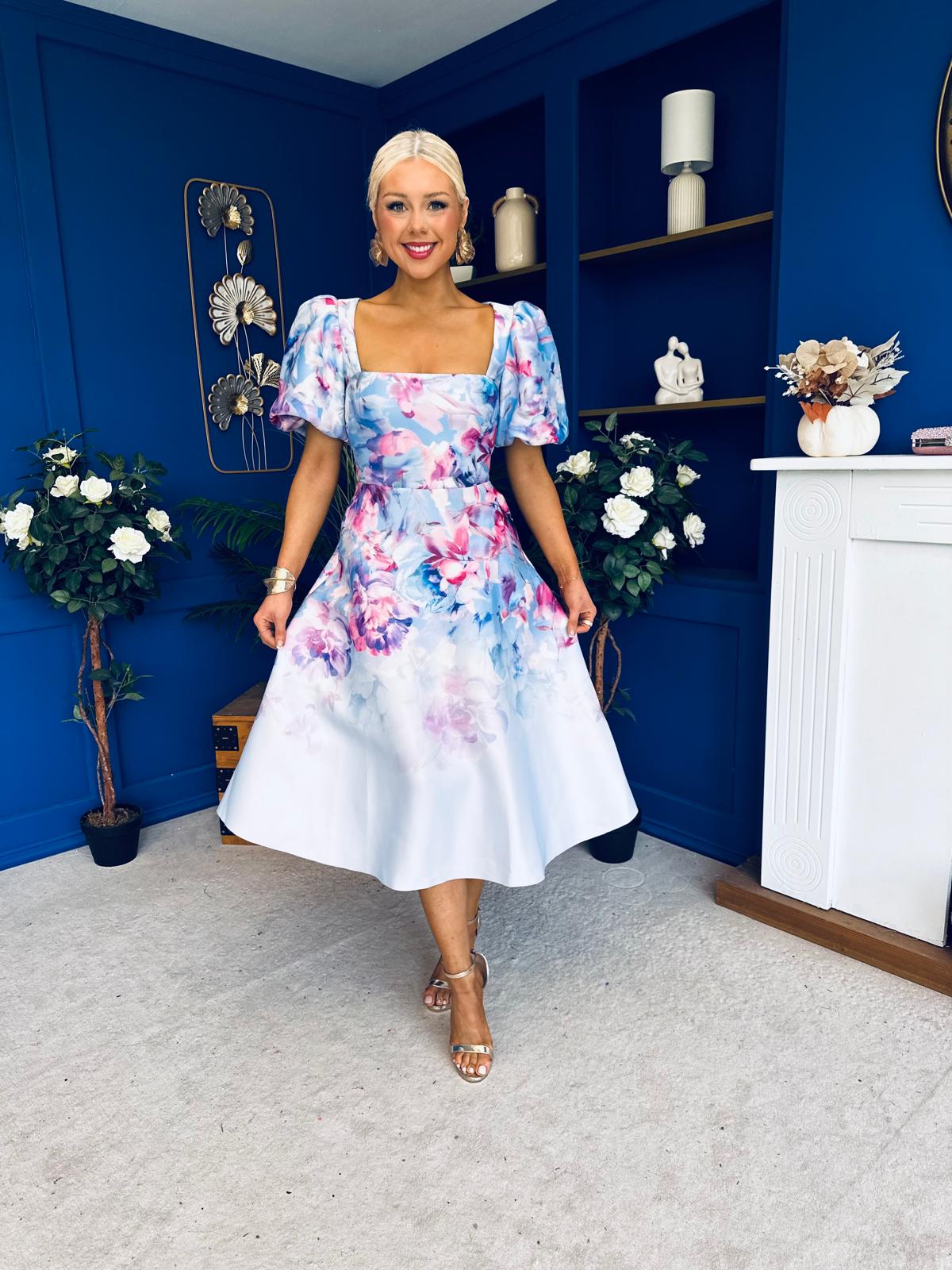 Tatum Square Neckline Skater Midi Floral Blue