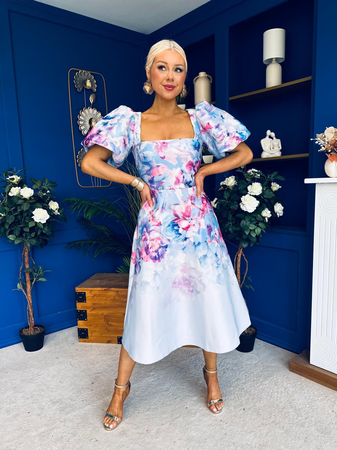 Tatum Square Neckline Skater Midi Floral Blue