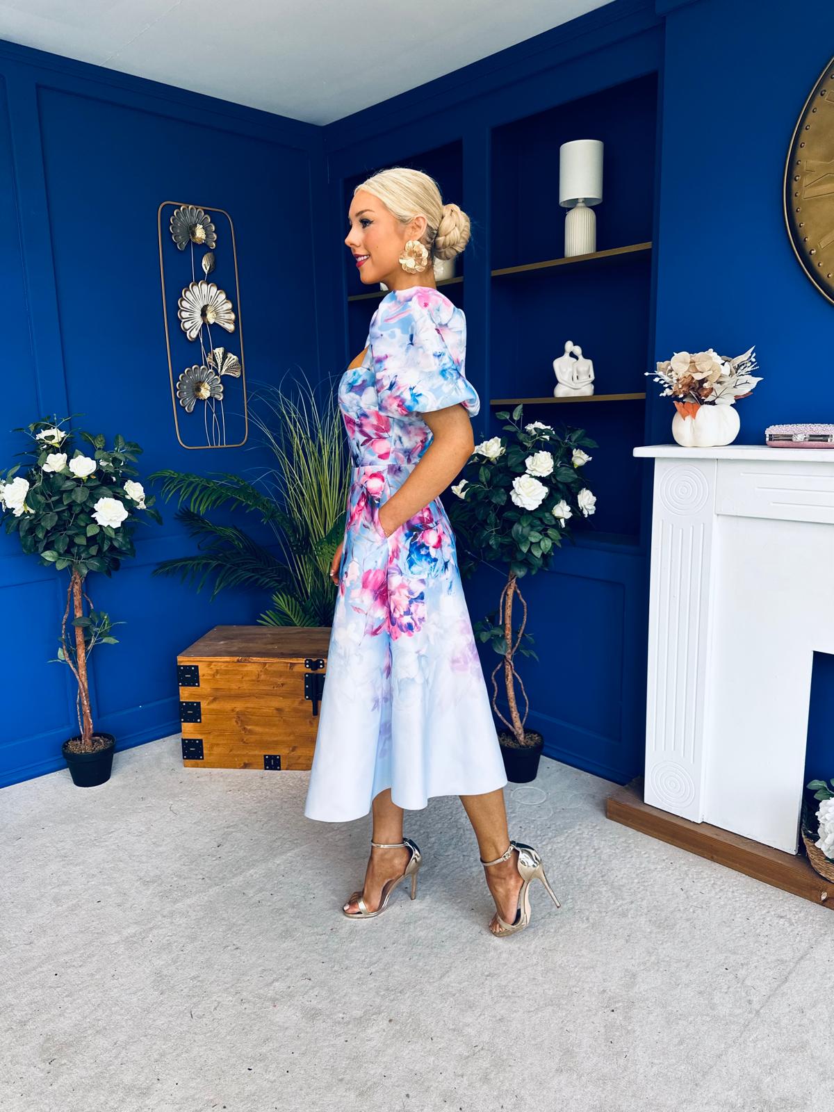 Tatum Square Neckline Skater Midi Floral Blue