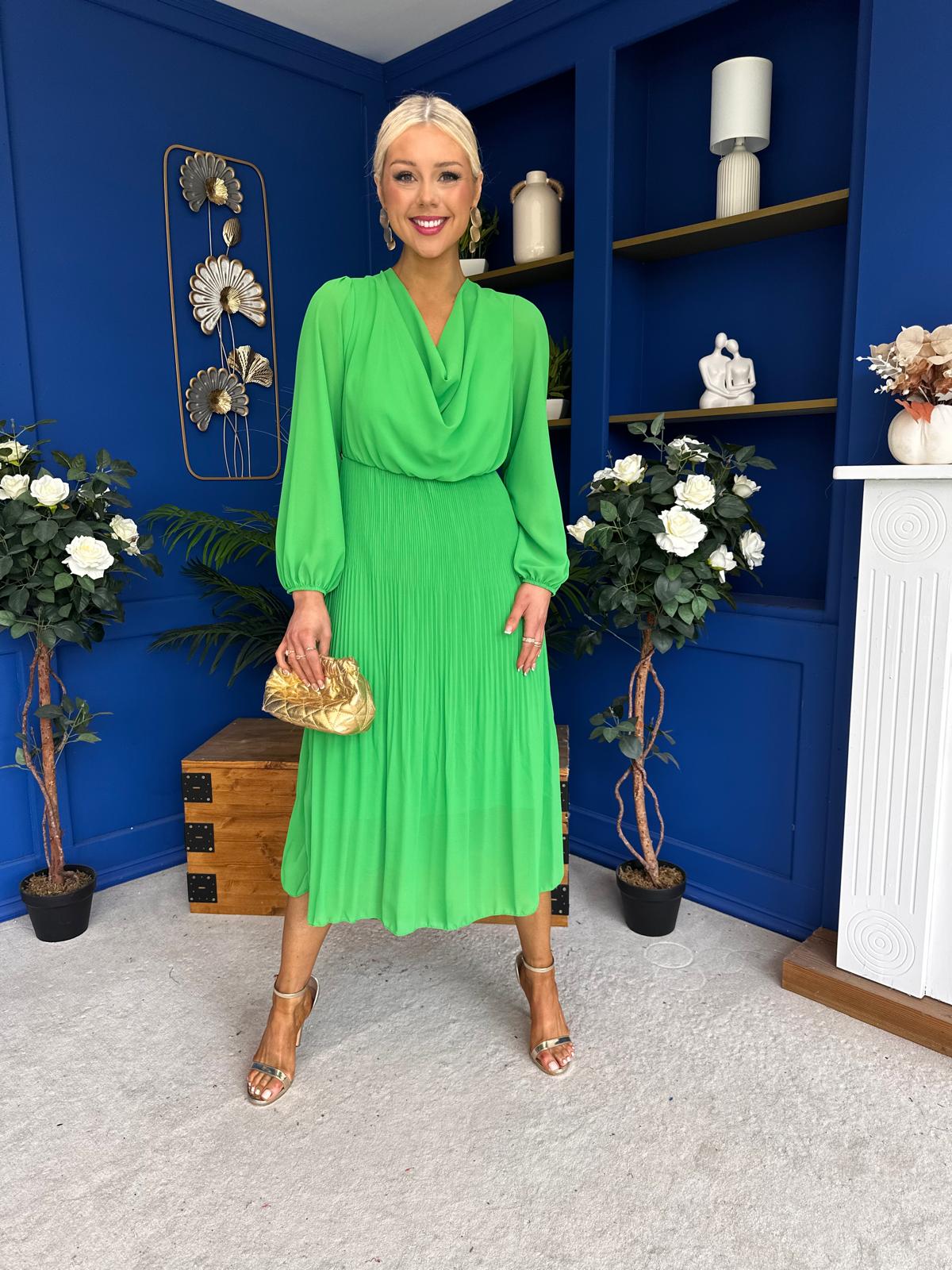Gillian Cowl Neck Pleated Midi Dress Apple Green