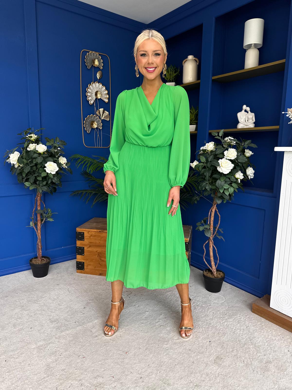 Gillian Cowl Neck Pleated Midi Dress Apple Green