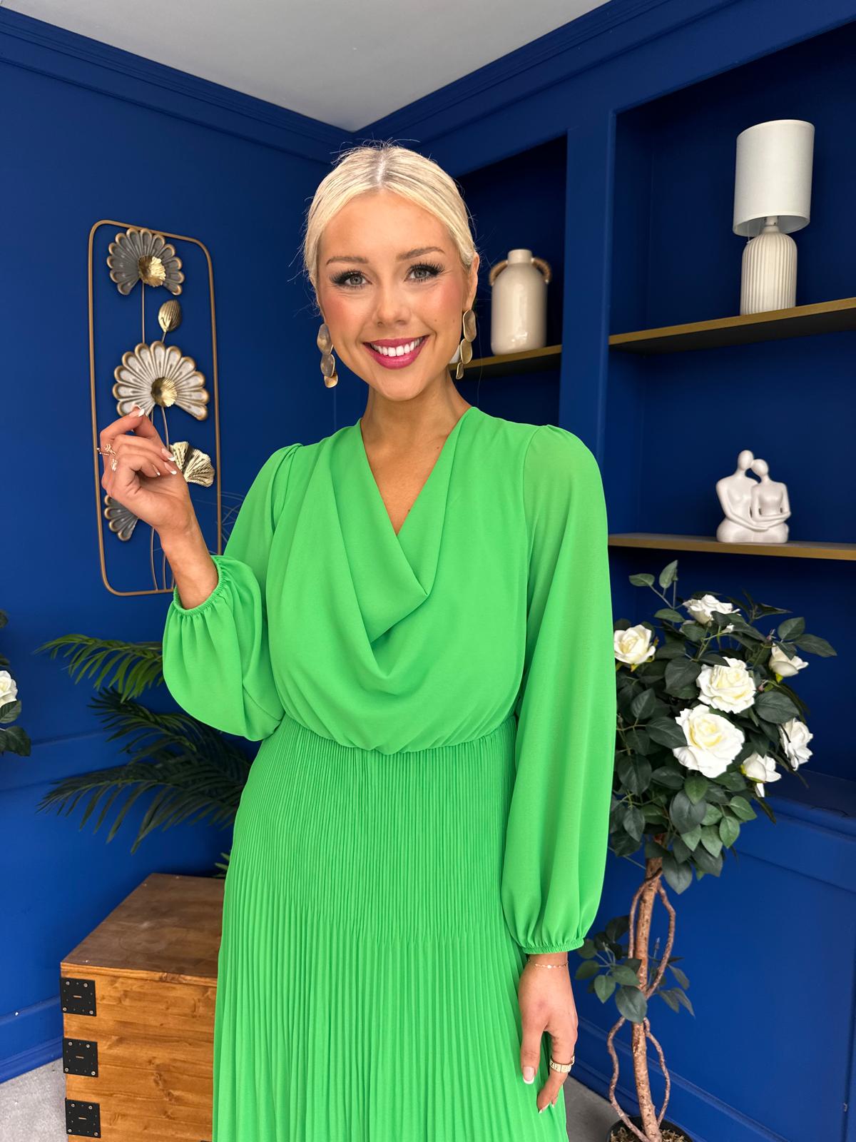 Gillian Cowl Neck Pleated Midi Dress Apple Green
