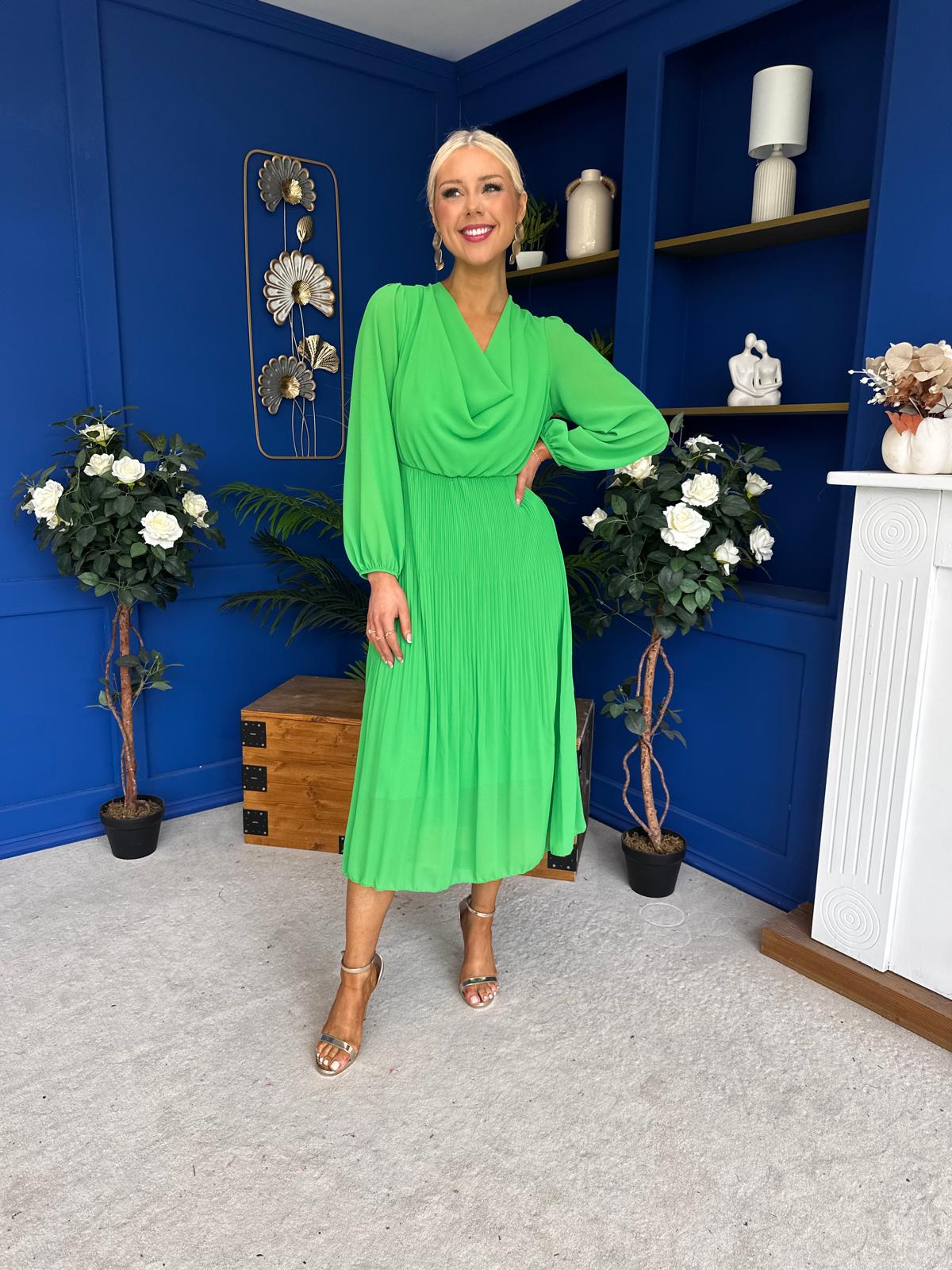 Gillian Cowl Neck Pleated Midi Dress Apple Green
