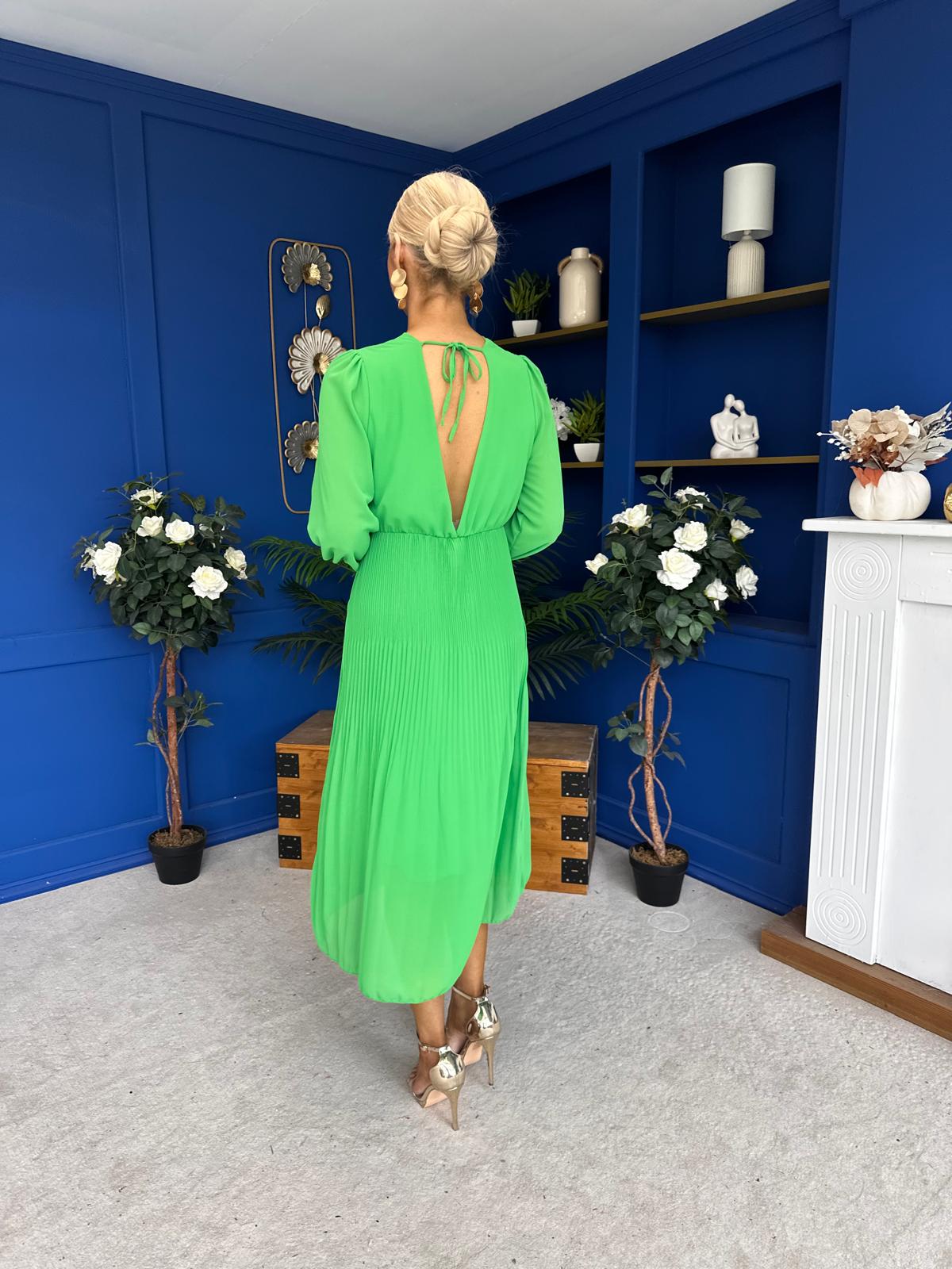 Gillian Cowl Neck Pleated Midi Dress Apple Green