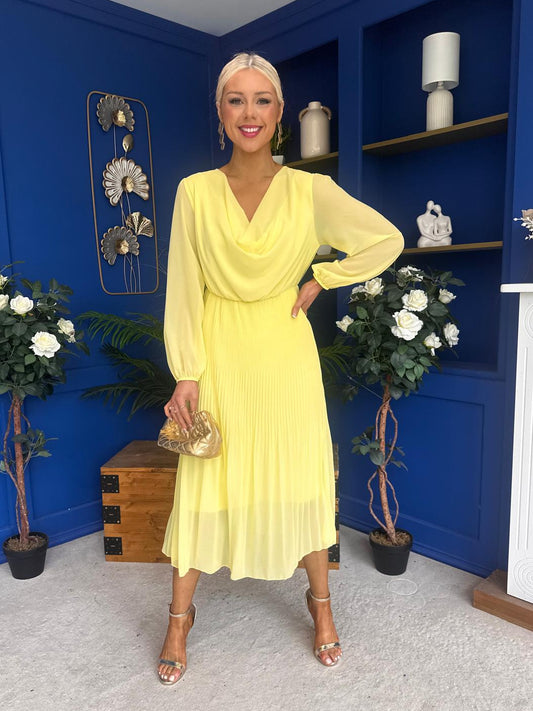 Gillian Cowl Neck Pleated Midi Dress Yellow