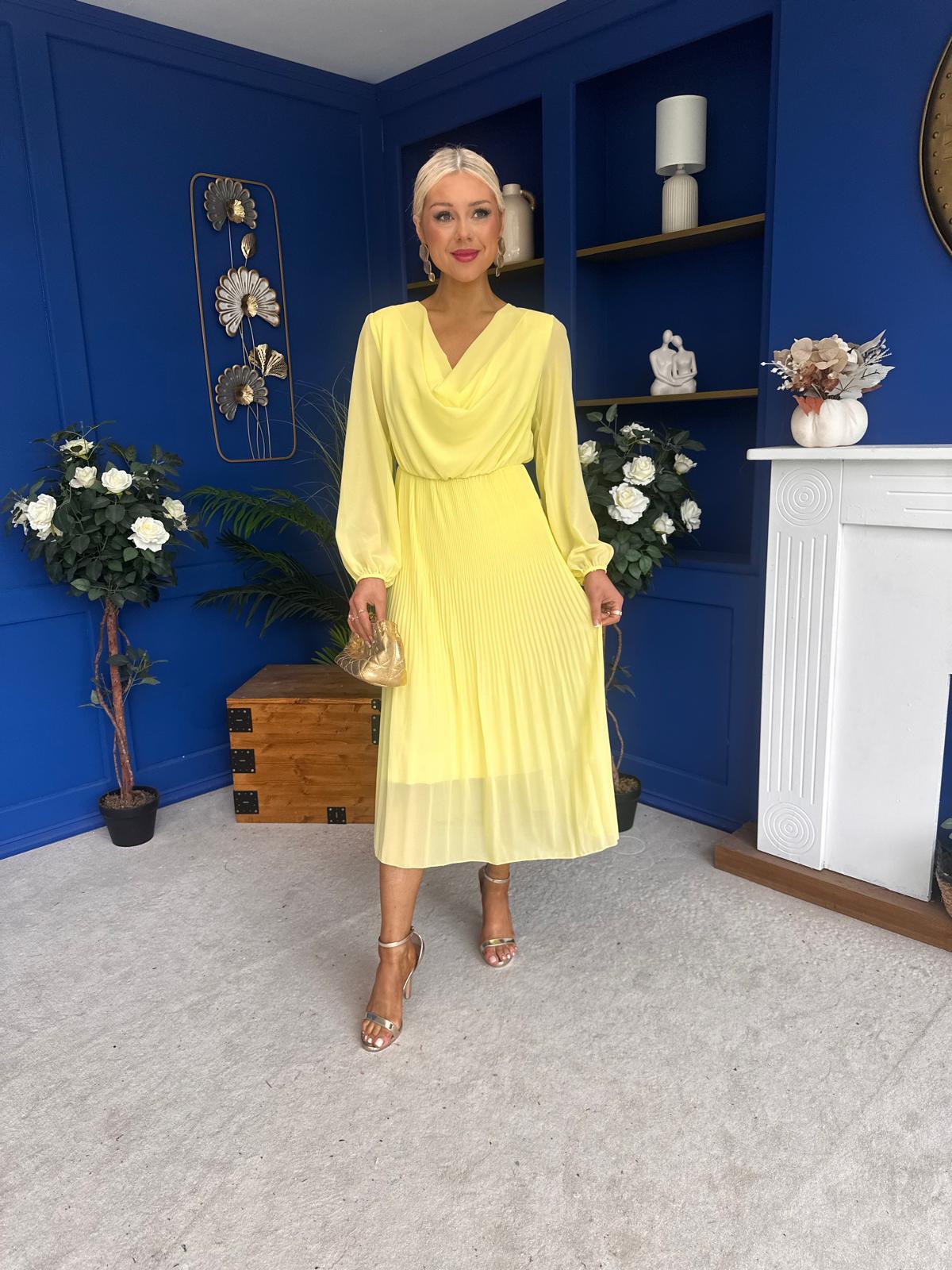 Gillian Cowl Neck Pleated Midi Dress Yellow