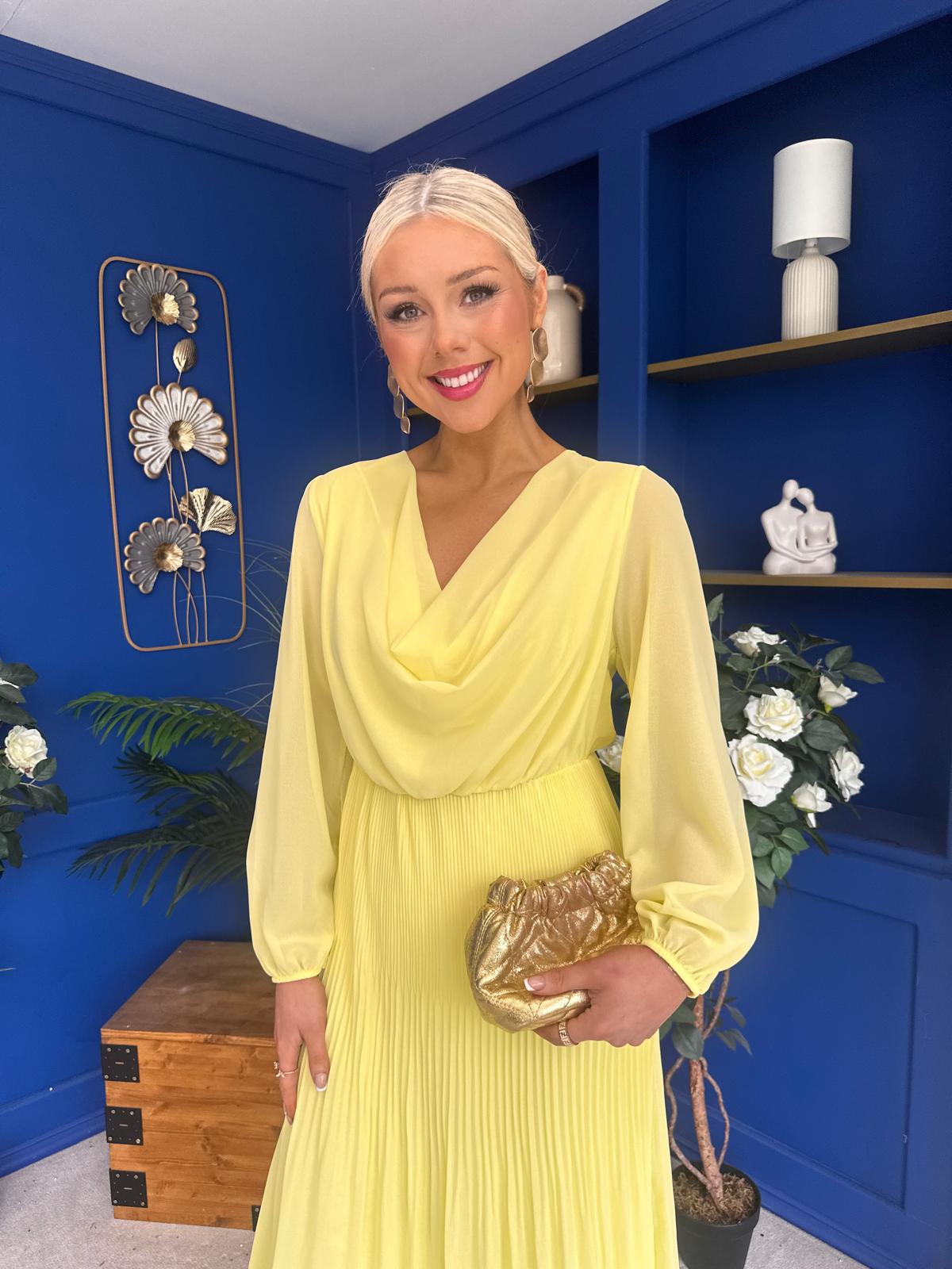 Gillian Cowl Neck Pleated Midi Dress Yellow