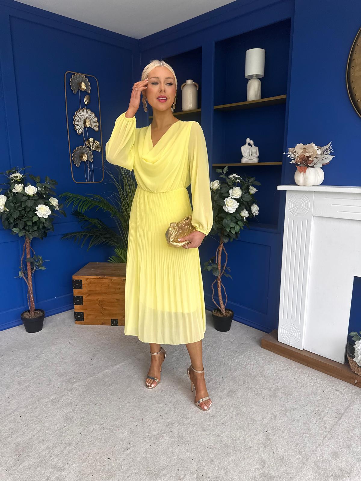 Gillian Cowl Neck Pleated Midi Dress Yellow