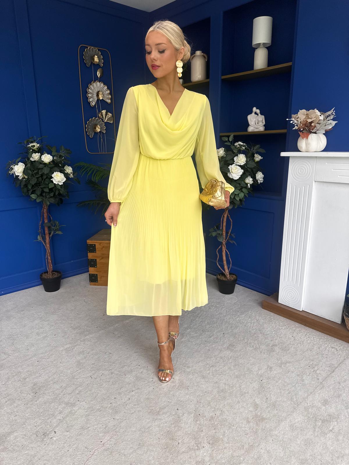Gillian Cowl Neck Pleated Midi Dress Yellow
