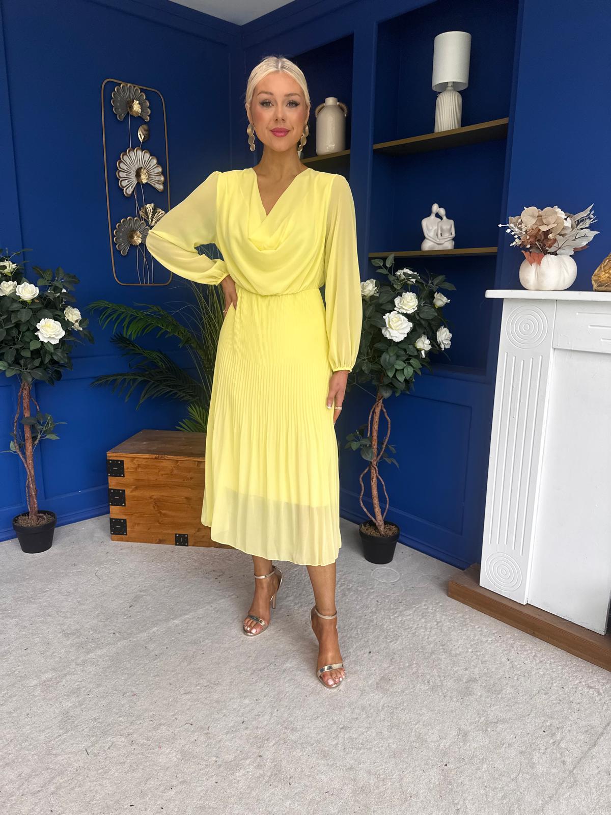 Gillian Cowl Neck Pleated Midi Dress Yellow