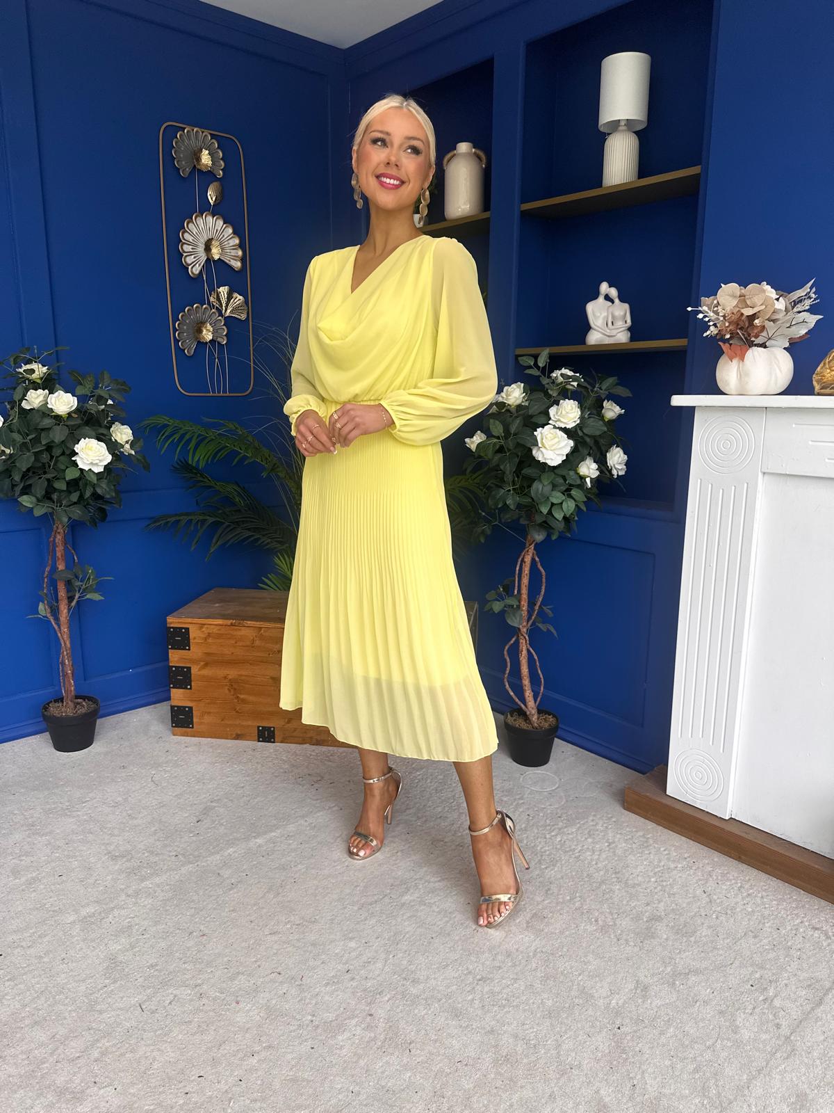 Gillian Cowl Neck Pleated Midi Dress Yellow