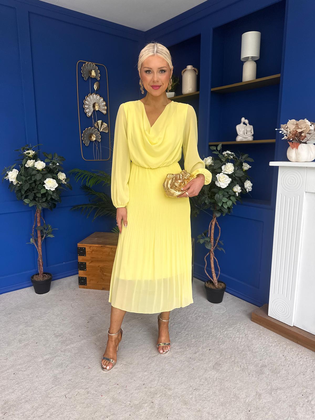 Gillian Cowl Neck Pleated Midi Dress Yellow