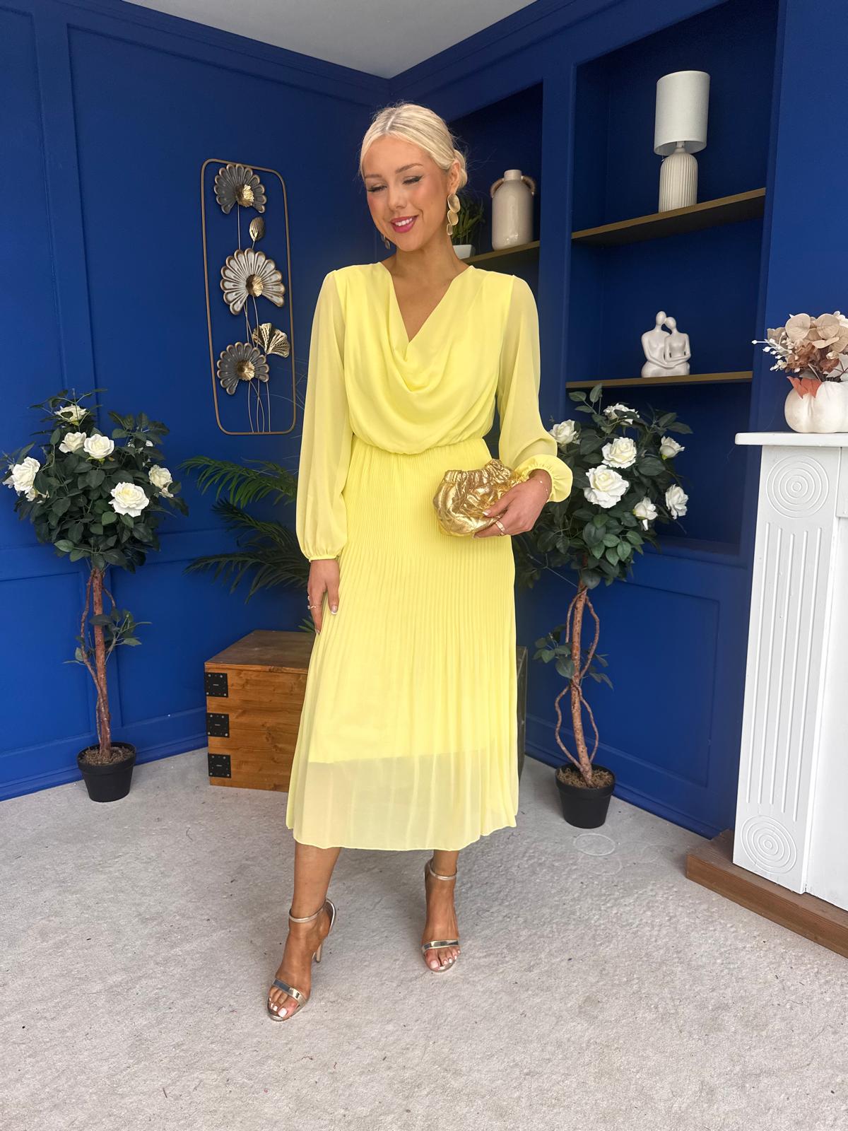 Gillian Cowl Neck Pleated Midi Dress Yellow