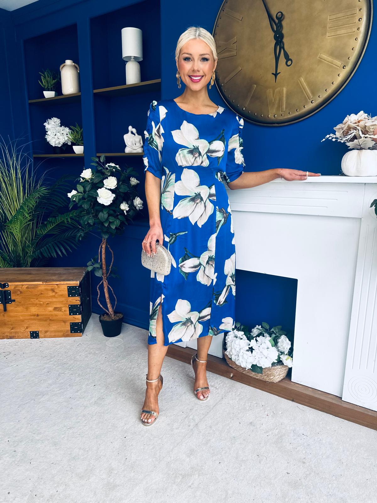 midi dress with leg split Brenda Split Leg Midi Dress Floral Blue
