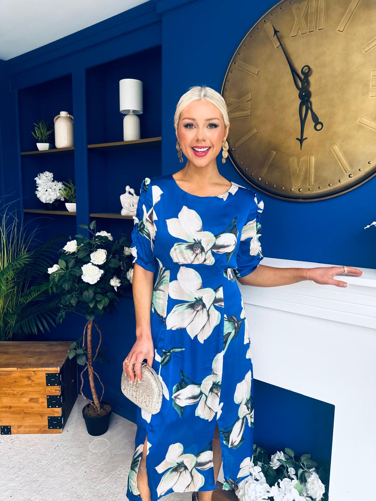 Brenda Split Leg Midi Dress Floral Blue
