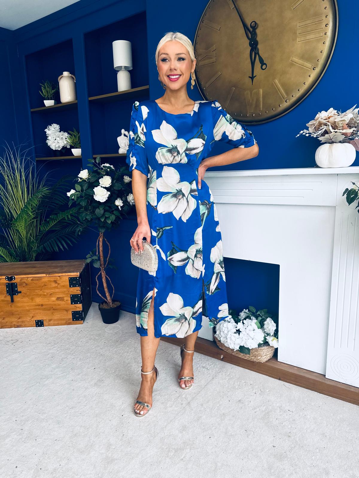 Brenda Split Leg Midi Dress Floral Blue