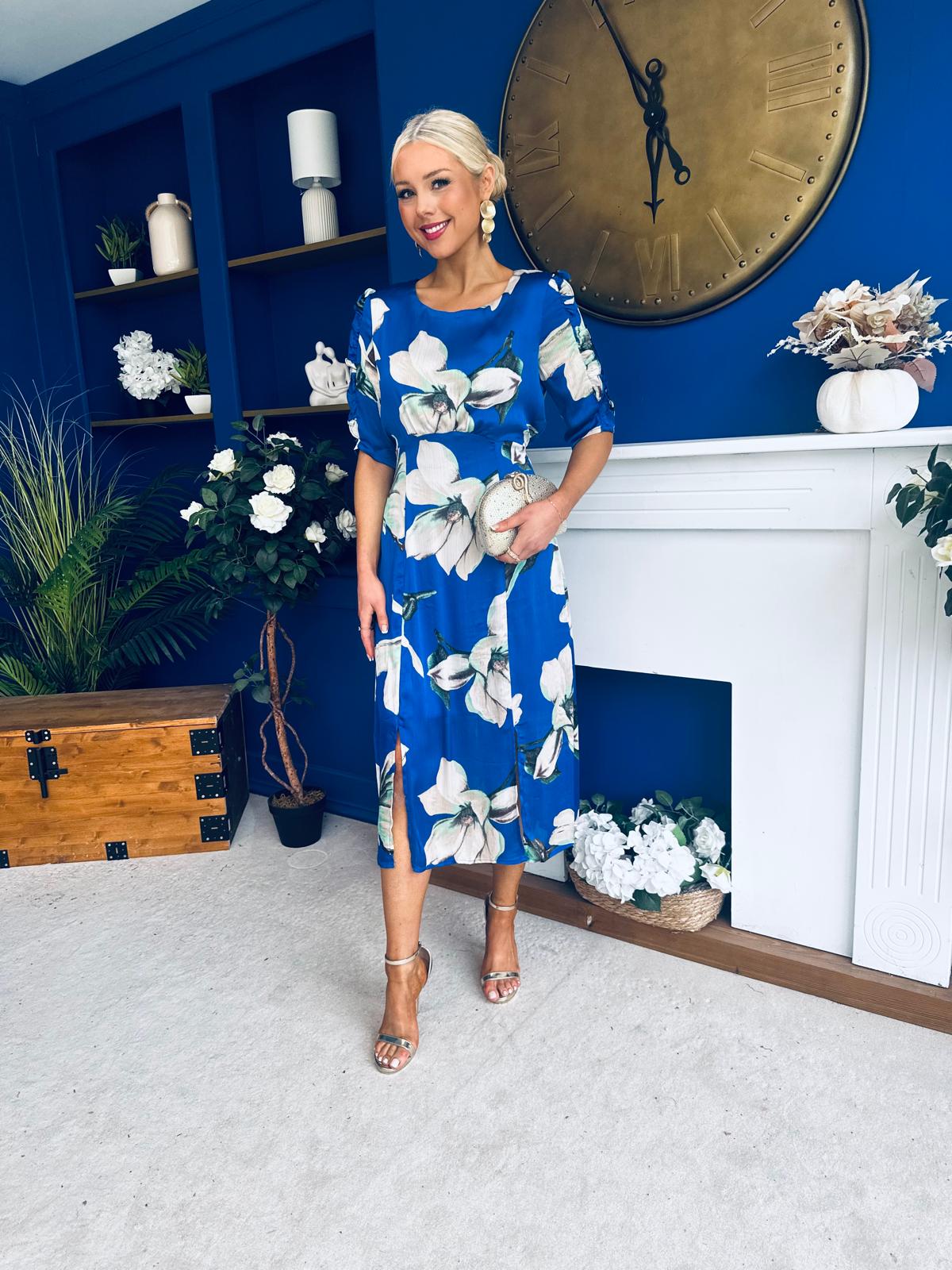Brenda Split Leg Midi Dress Floral Blue