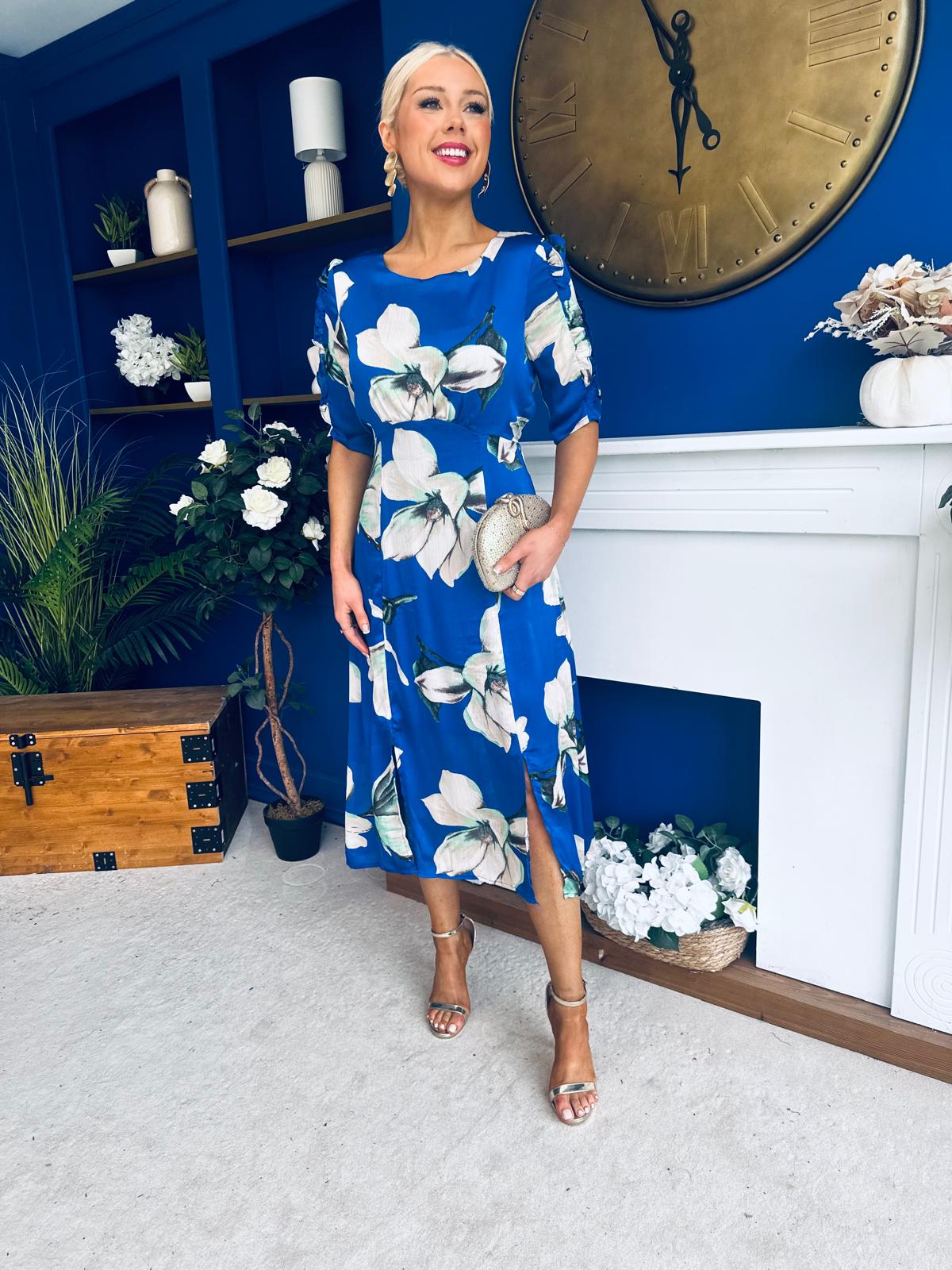 Brenda Split Leg Midi Dress Floral Blue
