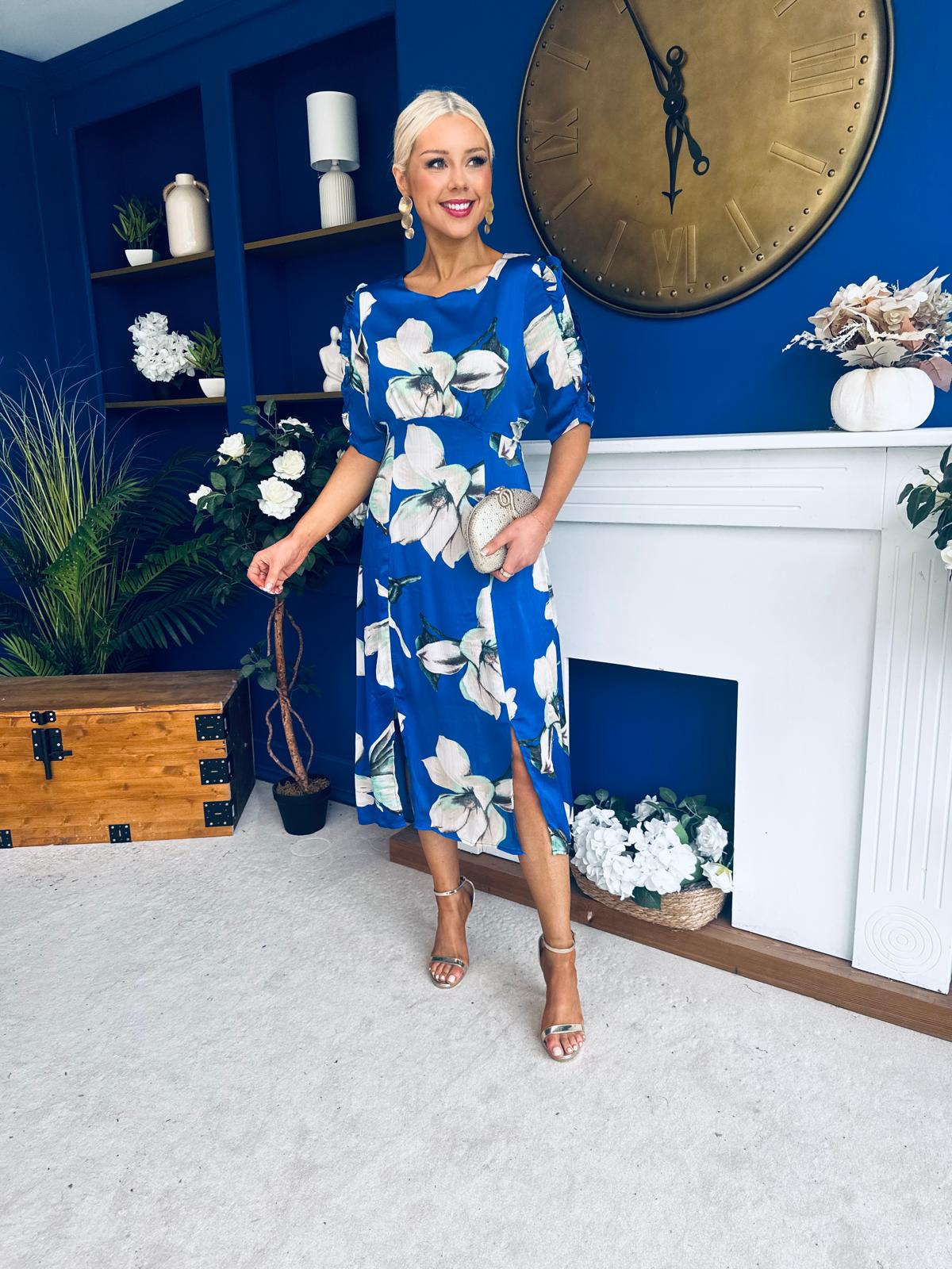 Brenda Split Leg Midi Dress Floral Blue