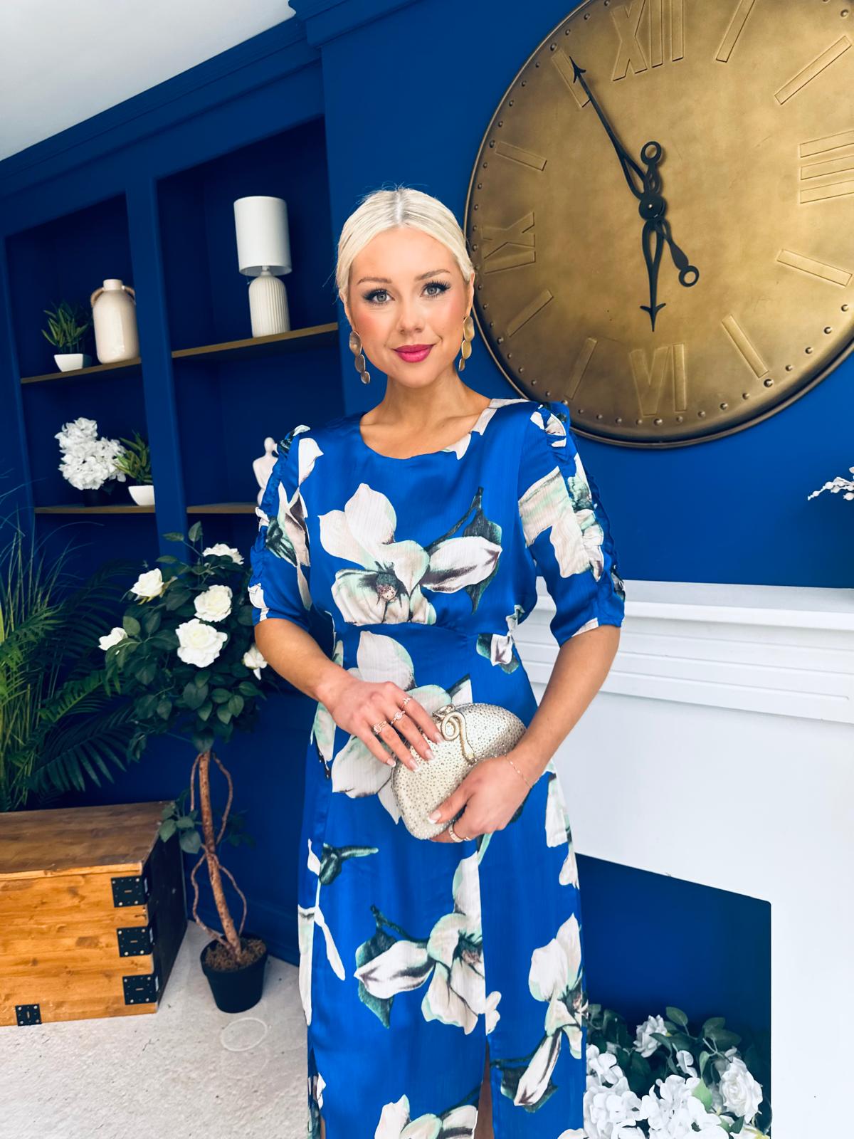 Brenda Split Leg Midi Dress Floral Blue